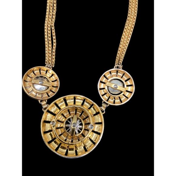 Beautiful Vintage Gold Tone 3 Chain Necklace Colorful Rhinestones Ornate Closure - Picture 5 of 6